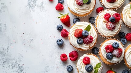   Cupcakes with white frosting topped by raspberries and blueberries on a white background