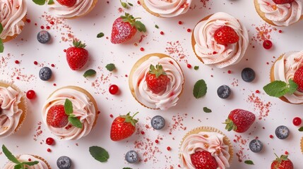   A table laden with numerous cupcakes, each boasting ample frosting and adorned with strawberries and blueberries