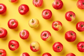 Fototapeta premium Pattern of ripe red apples on yellow background