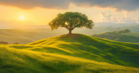 Golden sunset illuminating a solitary tree on a lush, rolling hillside