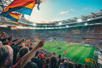 A stadium filled with cheering fans, waving colorful flags, watching a lively soccer match, A...