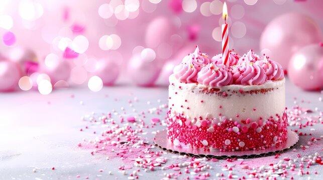  pink frosted, adorned with sprinkles, topped by a singular lit candle