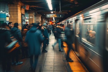 Fototapeta premium A diverse group of commuters stands on a crowded platform next to a stationary train, A crowded subway platform with commuters rushing to catch their train