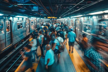 A busy subway platform with a group of commuters walking hurriedly to their destinations, A crowded subway platform with commuters rushing to catch their train