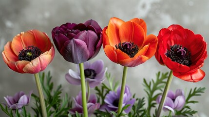 Naklejka premium Colorful flowers in vase on table against gray background with white wall background