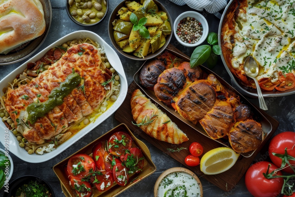 Poster a table displaying a diversity of food items from different cuisines, creating a vibrant culinary sp