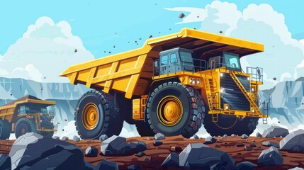 Obraz premium Professional heavy yellow dumper trucks working in a coal mine production site, emphasizing industrial strength and efficiency