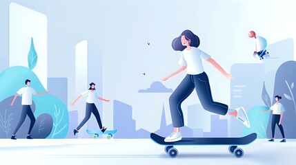 Obraz premium Exuberant Woman Skateboarding in the Urban Setting