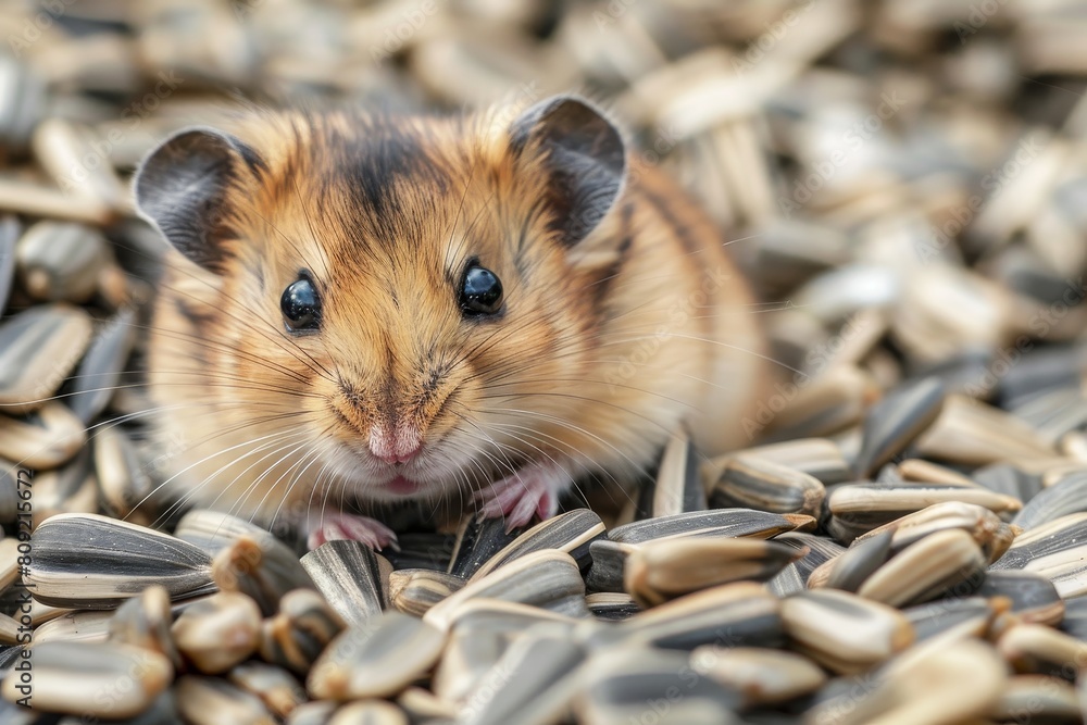 Poster a hamster is seated in a pile of sunflower seeds, appearing curious and engaged, a curious hamster i