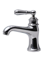 "Faucet on transparent "A chrome-plated metal water tap, used for bathroom and kitchen sinks, is depicted in a side view and isolated on a white background.png