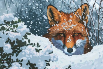 Obraz premium A painting of a fox peeking out from behind a bush in the snow, A curious fox peeking out from behind a bush in a snowy winter landscape