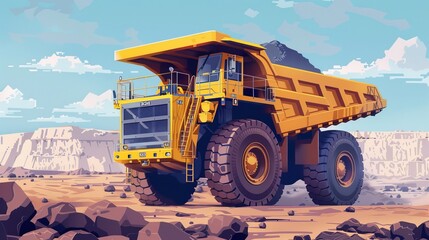 A big yellow mining truck actively at work in a large quarry, emphasizing robust industrial activity