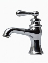 Faucet on transparent "A chrome-plated metal water tap, used for bathroom and kitchen sinks, is depicted in a side view and isolated on a white background.png