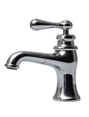 Faucet on transparent "A chrome-plated metal water tap, used for bathroom and kitchen sinks, is depicted in a side view and isolated on a white background.png