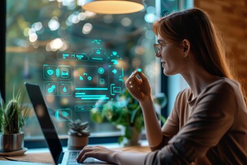 A woman is seated in front of a laptop computer, engaging with a virtual assistant for business purposes, A customer interacting with a virtual assistant for quick answers to common questions