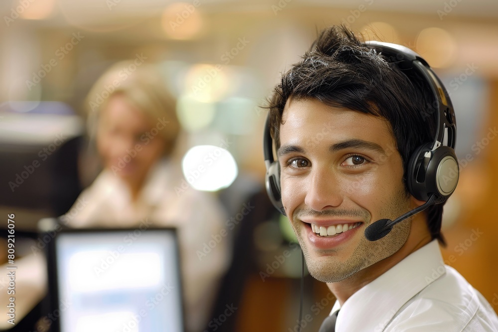 Poster a man wearing a headset smiles in front of a computer screen, a customer service agent going above a