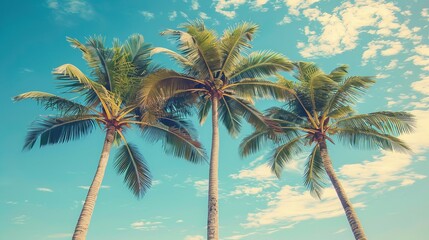 Vintage-toned and stylized depiction of palm trees against a blue sky, capturing the essence of tropical coasts