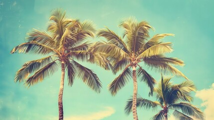 Vintage-toned and stylized depiction of palm trees against a blue sky, capturing the essence of tropical coasts