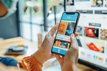 An individual holding a cell phone in front of a computer screen, likely receiving personalized recommendations, A customer receiving personalized recommendations based on their past purchases
