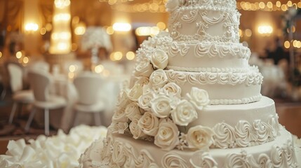   A wedding cake atop a table, surrounded by a bouquet of white flowers on one side