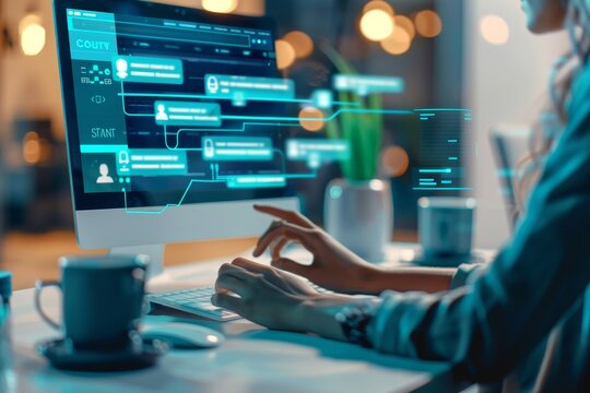 A woman sitting at a desk, focused on using a computer, A customer service representative providing troubleshooting assistance over a live chat