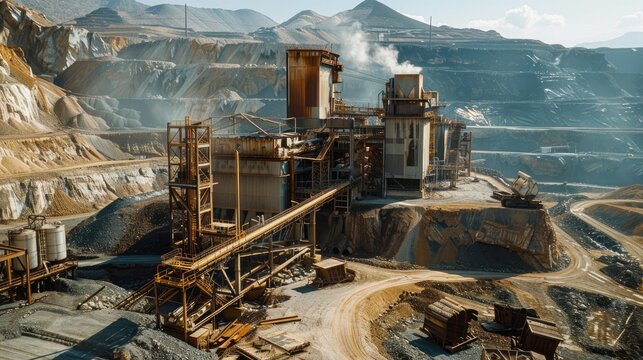 An industrial scene depicting the operational facilities at a phosphate mine processing mill, vital for mineral extraction