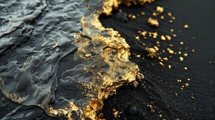 A captivating image showing pure gold nuggets freshly unearthed, set against the stark contrast of black sand