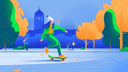 Happy Woman Skateboarding with a Sense of Freedom