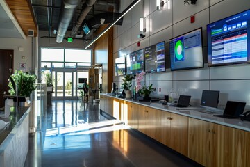 Fototapeta premium Cutting-Edge Room With Wall-Mounted Computers, A cutting-edge facility where city officials monitor and analyze data to improve quality of life for residents