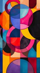 Colorful geometric abstract art with overlapping circles and rectangles