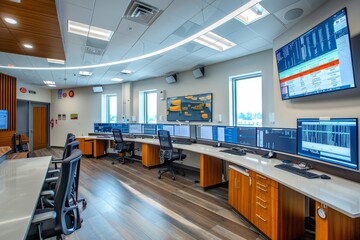 High-Tech Operations Room With Multiple Monitors and Desks, A cutting-edge facility where city officials monitor and analyze data to improve quality of life for residents