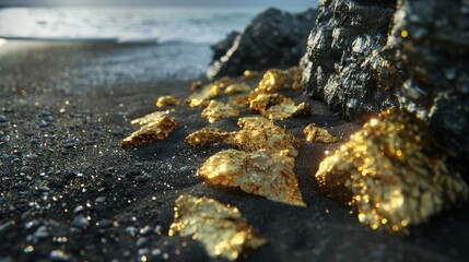 Fototapeta premium A captivating image showing pure gold nuggets freshly unearthed, set against the stark contrast of black sand