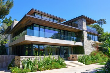 Fototapeta premium A contemporary residence showcasing a multitude of windows across its facade, A cutting-edge smart home with voice-activated controls, integrated security systems, and energy-efficient features