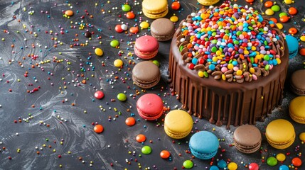   A chocolate cake, decorated with numerous sprinkles, nearby is a plate of macaroni and cheese on the table