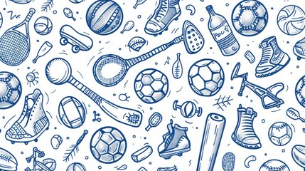 An engaging seamless pattern featuring hand-drawn doodles of various sports elements on a transparent background