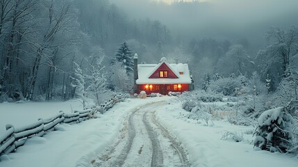 Winter aesthetic landscape with house panorama, muted neutral colors, forest, and mountains..