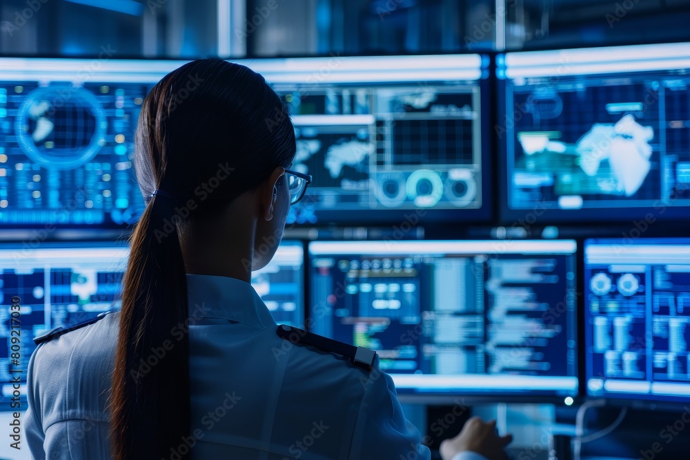 Poster a woman focused on analyzing data on multiple computer screens as a cyber intelligence analyst, a cy