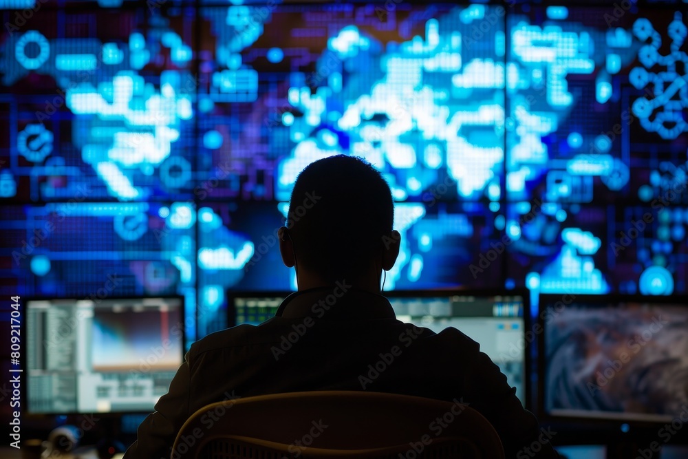 Poster a man is seated at a desk, focused on multiple computer monitors displaying information, a cyber int