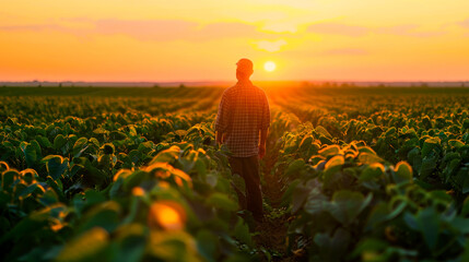 Fototapeta premium Farmer in Soybean Field at Sunset 