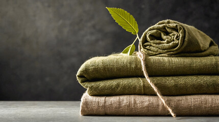 Organic hemp fabric. Pile of natural hemp or linen textile for clothing. Sustainable textile industry