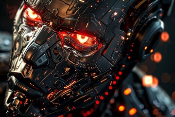 Fototapeta premium A detailed view of a robots face with glowing red eyes, A cybernetic being with glowing red eyes and intricate circuitry covering their metallic skin