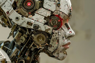Detailed view of a robot head showcasing various mechanical components, A cybernetic organism blending human and machine elements