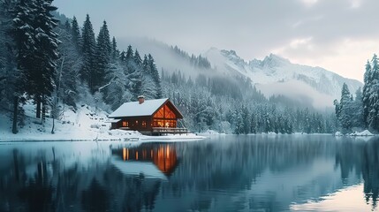 Fototapeta premium Winter aesthetic landscape with house panorama, muted neutral colors, forest, and mountains..