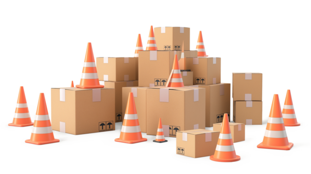Boxes bounded by traffic cones, cargo seizure, and export restrictions isolated on a transparent background