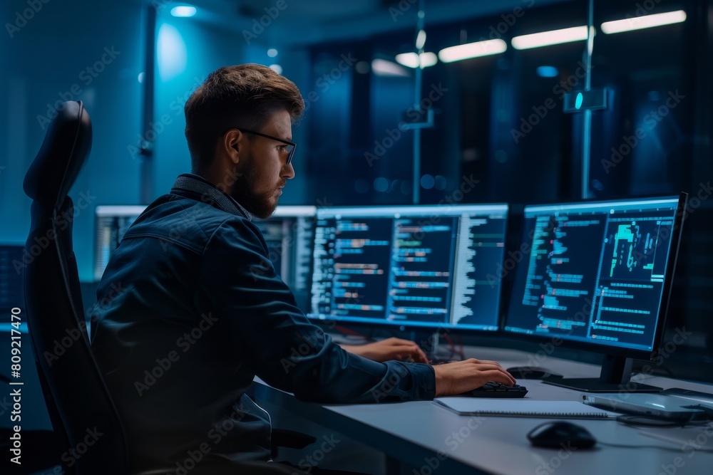 Poster a man sitting at a desk, analyzing data on a computer as a cyber risk analyst, a cyber risk analyst 