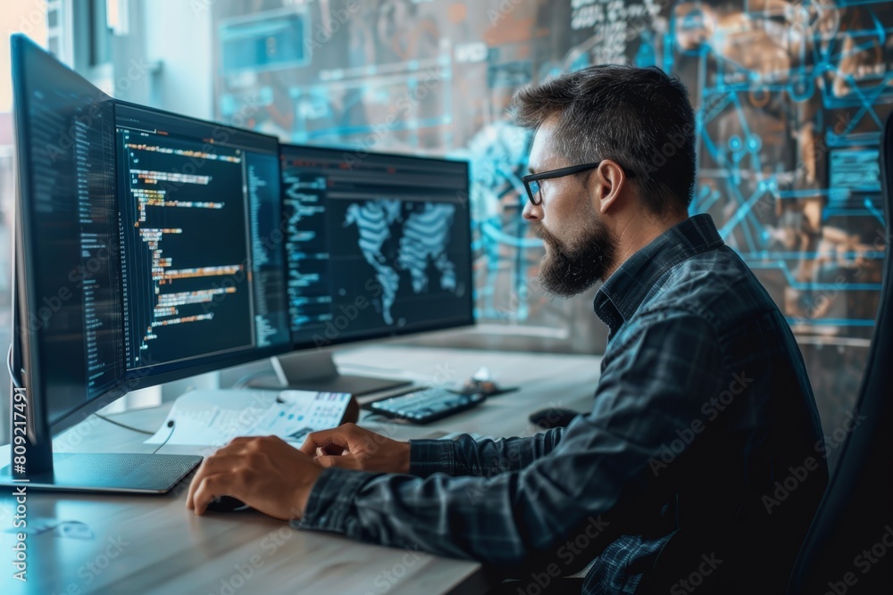 Poster a man sitting at a desk, analyzing data on a computer screen as a cyber risk analyst, a cyber risk a