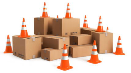 Boxes bounded by traffic cones, cargo seizure, and export restrictions isolated on a transparent background
