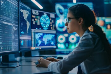 A woman sitting in front of a computer screen, focused on her work as a cyber resilience specialist, A cyber resilience specialist developing strategies to recover from cyber attacks