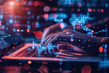 A cyber resilience specialist is typing on a laptop computer keyboard, A cyber resilience specialist developing strategies to recover from cyber attacks