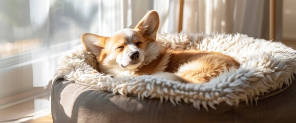 An Adorable Welsh Corgi Pembroke Finds Solace In Sleep, Relaxing In A Cozy Dog Bed Within A Sunny Studio, Background